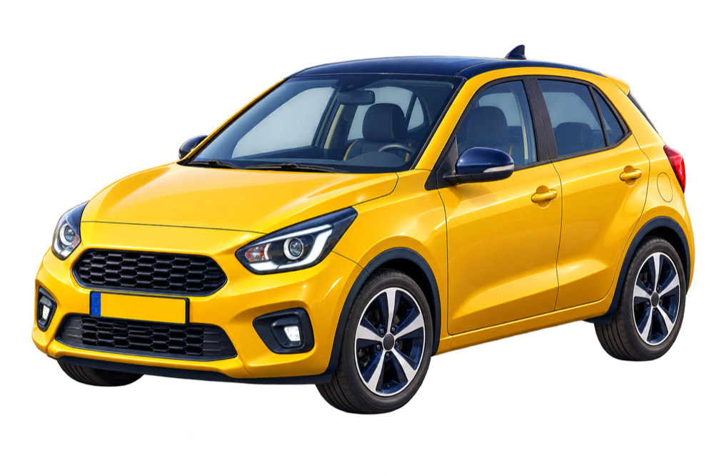Gele compacte hatchback Stadshart